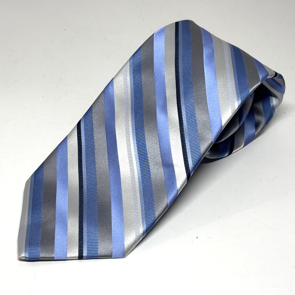 Pronto Uomo Repp Tie‎ Mens OS Blue Silver Grey Silk Striped Necktie